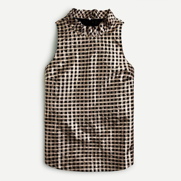 NWT J. Crew Ruffle-neck Sleeveless Top in Lurex Crinkle gingham Copper Black - Picture 1 of 10